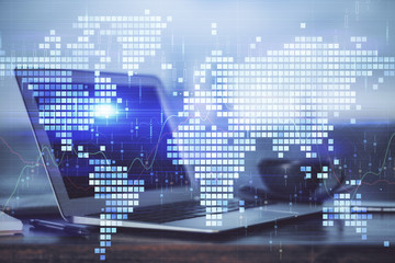 Multi exposure of business theme icons and work space with computer background. Concept of success.