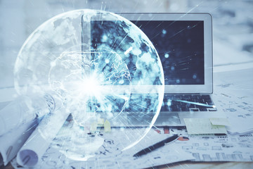 Multi exposure of business theme icons and work space with computer background. Concept of success.