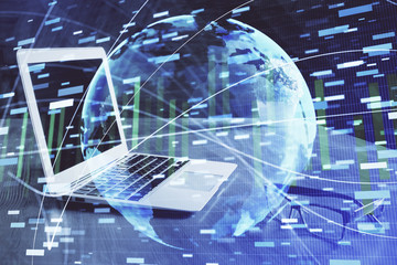 Multi exposure of business theme icons and work space with computer background. Concept of success.