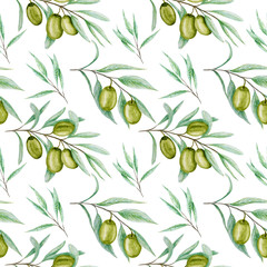 Seamless pattern Watercolor green olive tree branch leaves. Realistic olives illustration on white background, Hand painted fabric texture. Design for invitations, greeting card, poster, label concept