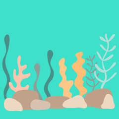 Obraz premium Underwater world, landscape with seaweed. the silhouette of the plants in a flat cartoon style. Hand-drawn vector illustration