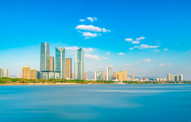 Naklejka premium Central Business District, North Bank of Minjiang River, Fuzhou City, Fujian Province, China