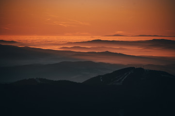 Hills in warm sunrise light, beautiful winter scenery, edit space