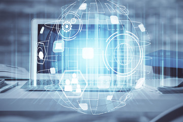 Computer on desktop with social network theme icon. Multi exposure. Concept of international...