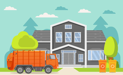 Garbage truck.Urban sanitary loader truck.City service.Vector illustration.House Home front view facade.Townhouse building.Garbage cans recycling.Separate garbage collection fee.Different colored bins