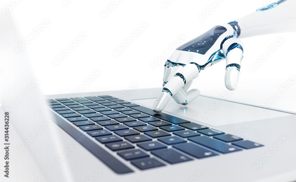 Poster white robot cyborg hand pressing a keyboard on a laptop 3d rendering