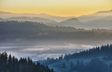 morning Carpathians. scenic sunrise in the mountains. autumn fog