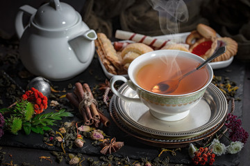 Tea in a cup on an old background