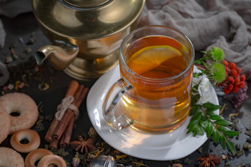 Tea in a cup on an old background