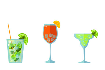  Low alcohol cocktails: mojito, margarita and Aperol Spritz on a white background. flat vector. illustration