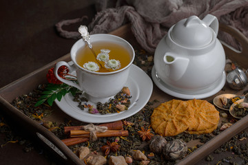 Tea in a cup on an old background