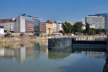 Wide angle view of the Danube canal in Vienna city center.