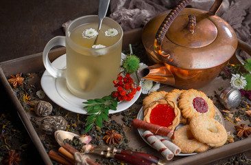 Tea in a cup on an old background