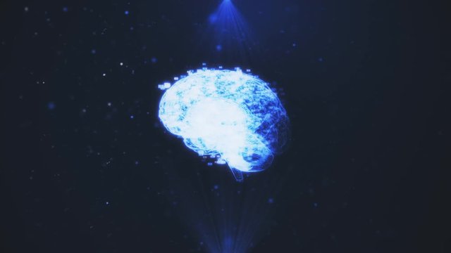Neural network model. Hologram of the human brain rotates among particles of light in rays of blue. AI Artificial Intelligence. 3d render