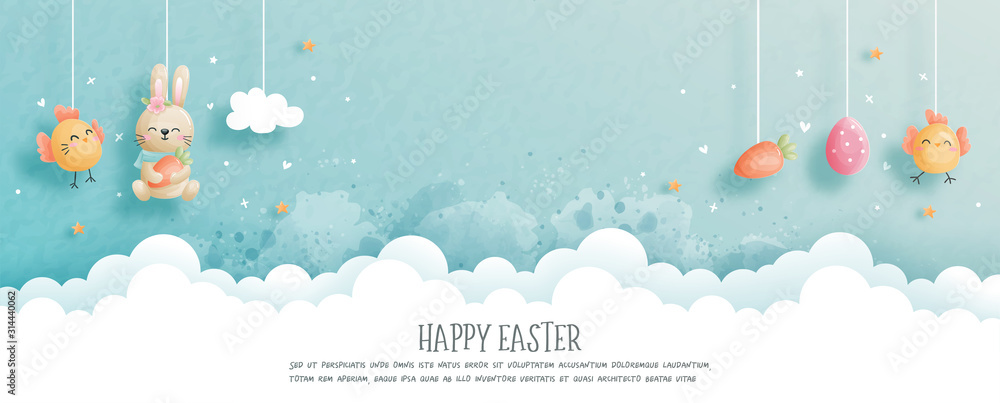 Wall mural Easter card with cute bunny and Easter egg in paper cut style. Vector illustration