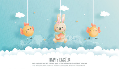 Easter card with cute bunny and Easter egg in paper cut style. Vector illustration - obrazy, fototapety, plakaty