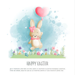 Easter card with cute bunny and Easter egg in paper cut style. Vector illustration