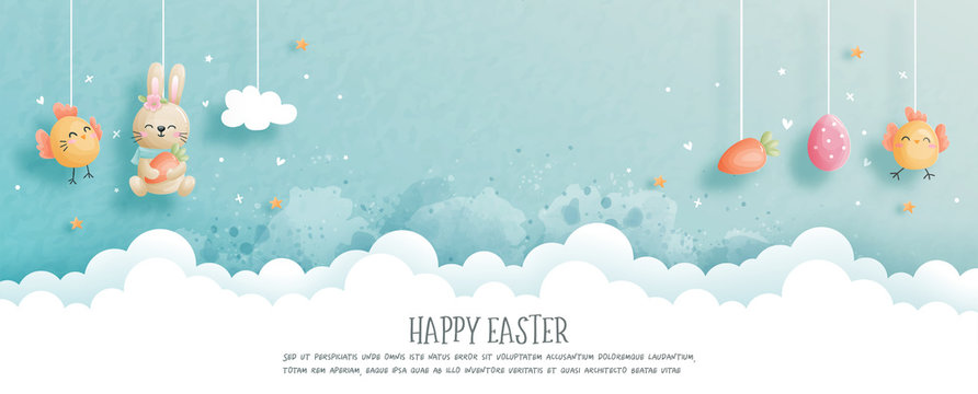 Easter card with cute bunny and Easter egg in paper cut style. Vector illustration