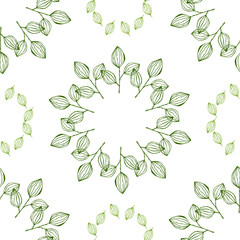 Fototapeta premium Hand-drawn seamless pattern with green branches and leaves. Simple green leaf tree elements for summer and spring decoration. Doodle for design, logo, cards.