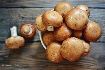 Royal fresh mushrooms on a wooden background. Whole brown  mushrooms