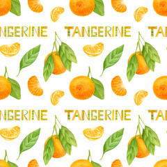 Watercolor tangerine seamless pattern. Hand drawn botanical illustration of mandarin fruits and slices with leaves and lettering. Citrus plants isolated on white background for design, package, cards.
