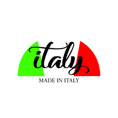 Made in Italy label in frame with flag colors. Logo sticker green white red flag ribbon banner line design