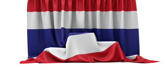 Thailand flag draped over a competition winners podium. 3D Render