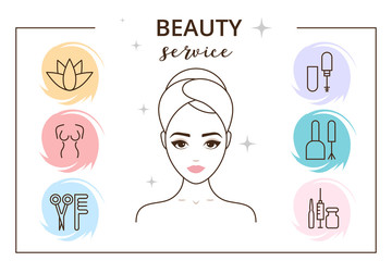 Beauty service vector illustration. Woman’s face thin line, nails, hairdresser, spa, body, make up and botox treatment services. .