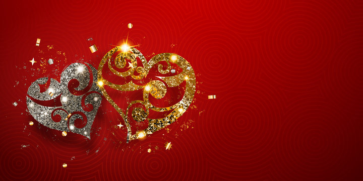 Valentine's day card with two shiny hearts of silver and golden sparkles with glares and shadows on red background