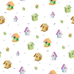 Seamless pattern with cute birdhouses and birds in different colors on white background. Cartoon style. Birdhouses illustration. Vector childish design. Prints, textile kids design. Kid fabric prints.