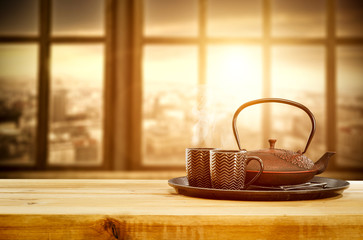 Desk of free space and spring window background. 