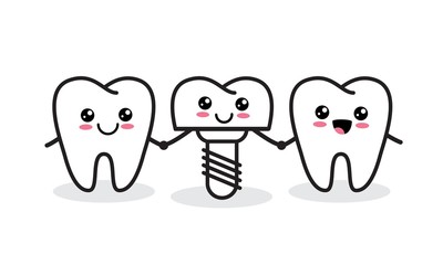 Dental implant. Cute healthy tooth and implant vector characters. 