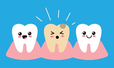 Toothache concept. Tooth decay. Bad unhealthy teeth cute characters. Dental care background. 
