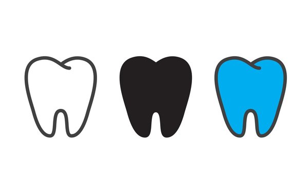 Tooth icon set. Outline, black and blue cartoon teeth symbols