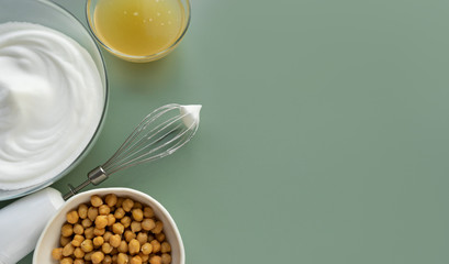 vegan cooking concept, egg replacement , chickpeas whipped aquafaba