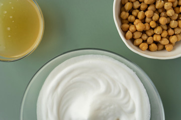 vegan cooking concept, egg replacement , chickpeas whipped aquafaba
