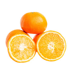 Sliced round halves of orange fruit and whole citrus isolated on white background