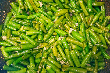 Green beans in a pan close-up. Vegan food.