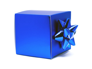Blue gift box with matching ribbon decoration on a white background.
