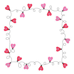 Bright Colorful Valentine's Day Holiday Heart String Lights on White Background Square Frame