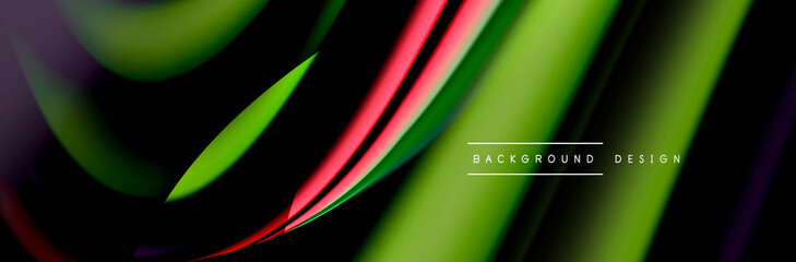 Fototapeta premium Сolorful flow poster. Wave liquid lines and shapes in black color background. Vector Illustration