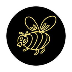 Logo or label template with a cute yellow bee in doodle style on a black circle. Vector hand drawn illustration.