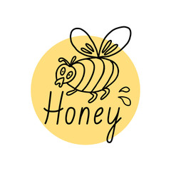 Honey logo. Template with a cute bee in doodle style on a yellow circle. Vector hand drawn illustration and lettering.