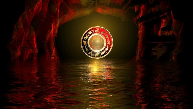 Animated 3d scene with fantasy fiery cave   and the twelve signs of the zodiac in animal form set in a wheel of a calendar. A background of the ocean and refection of the sun on the water.