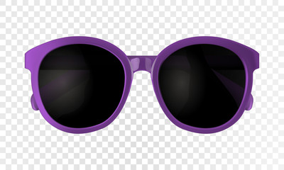 Purple sun glasses isolated on transparent backdrop. Realistic sunglasses vector illustration with fashion summer accessory