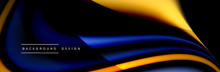 Сolorful flow poster. Wave liquid lines and shapes in black color background. Vector Illustration