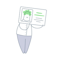 Identification, driver license, ID card and user profile concept. Male person holds in hands identification plastic card. Clean quality outline vector elements on white. 