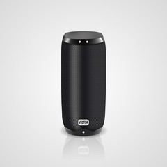 Vector realistic illustration of black portable speaker isolated on light gradient background. Wireless audio device, smart electronic gadget for connection with smartphone to listen music