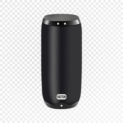Vector realistic illustration of black portable speaker isolated on transparent background. Wireless audio device, smart electronic gadget for connection with smartphone to listen music