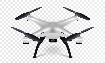 Realistic 3D white drone quadcopter quadrocopter on transparent background. Vector eps10.